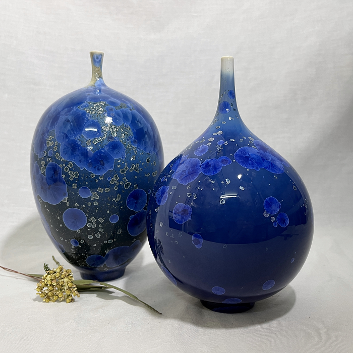 Adam Cox Crystal glaze vases - blue Australian pottery Town & Country Gallery Gippsland