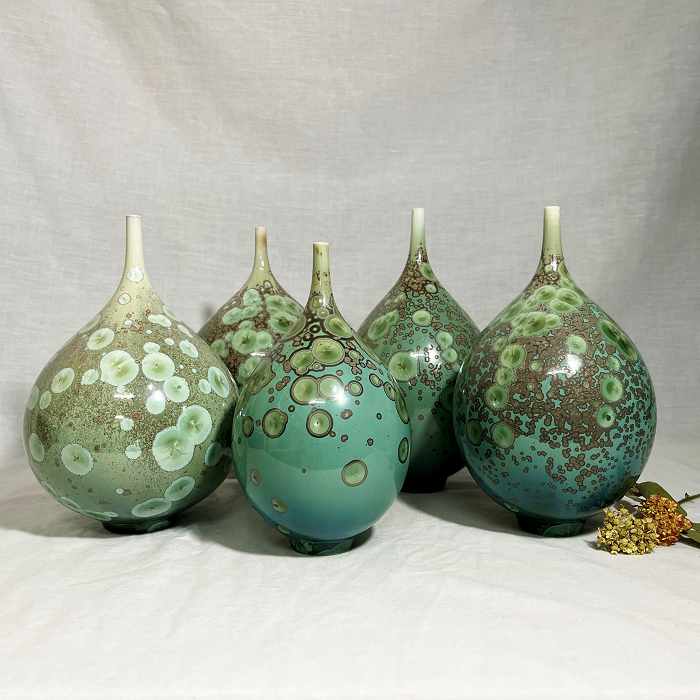 Adam Cox Crystal glaze vases - green Australian pottery Town & Country Gallery Gippsland