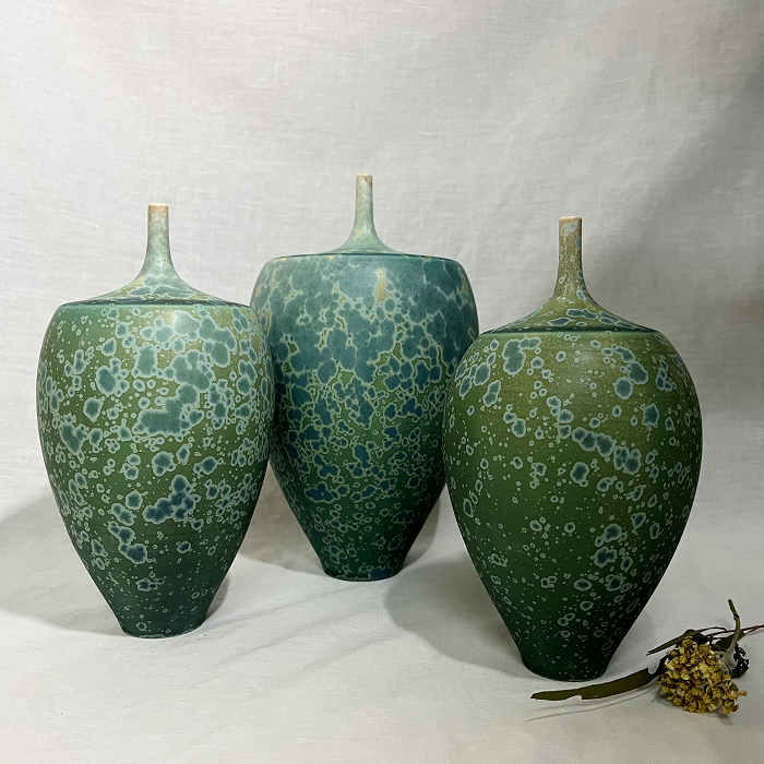Adam Cox Crystal glaze vases - matt green Australian pottery Town & Country Gallery Gippsland