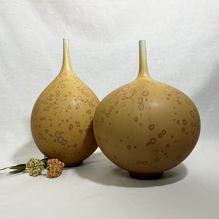 Adam Cox Crystal glaze vases - matt tan Australian pottery Town & Country Gallery Gippsland
