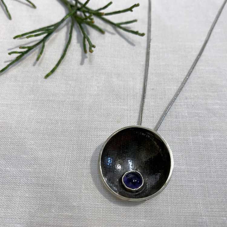 Alannah Sheridan Domed sterling silver pendant with iolite 2.2cm + 50cm chain