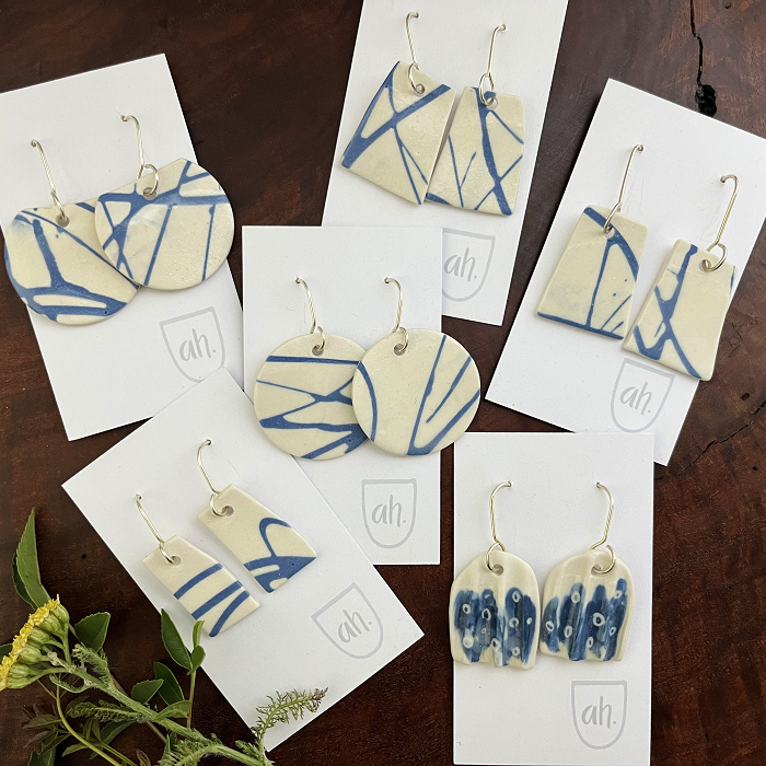 Andrea Hall Geometric design handmade clay earrings with sterling silver Australian ceramic artist Town & Country Gallery Gippsland