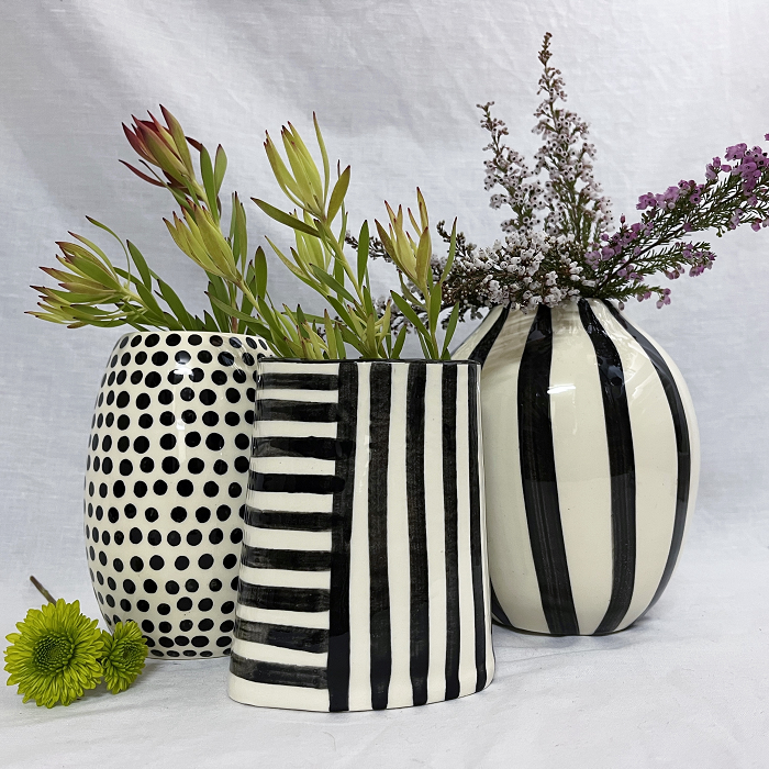 Ann Maree Gentile Black and White vases hand-built ceramics Australian artist Town & Country Gallery Gippsland