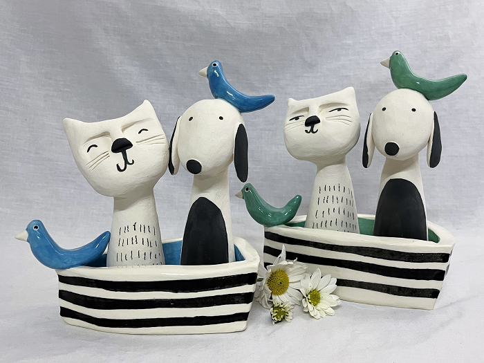 Ann Maree Gentile Cats and Dogs in boats hand-built ceramic sculpture Australian artist Town & Country Gallery Gippsland