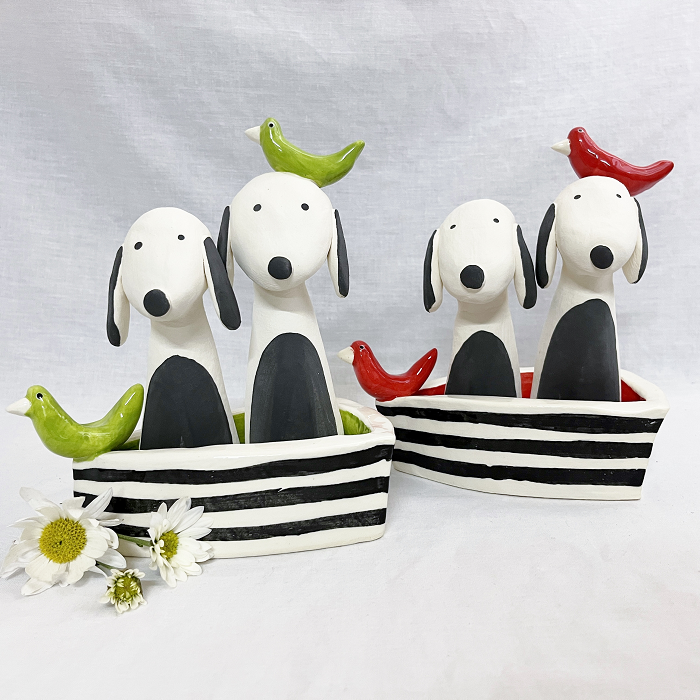 Ann Maree Gentile Dogs in boats hand-built ceramic sculpture Australian artist Town & Country Gallery Gippsland