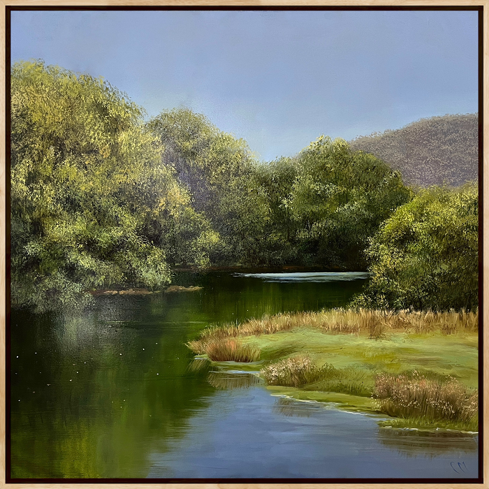 Coral Minster Shady bend, Tambo River 100x100cm oil on canvas with oak frame Australian landscape artist Town & Country Gallery Gippsland