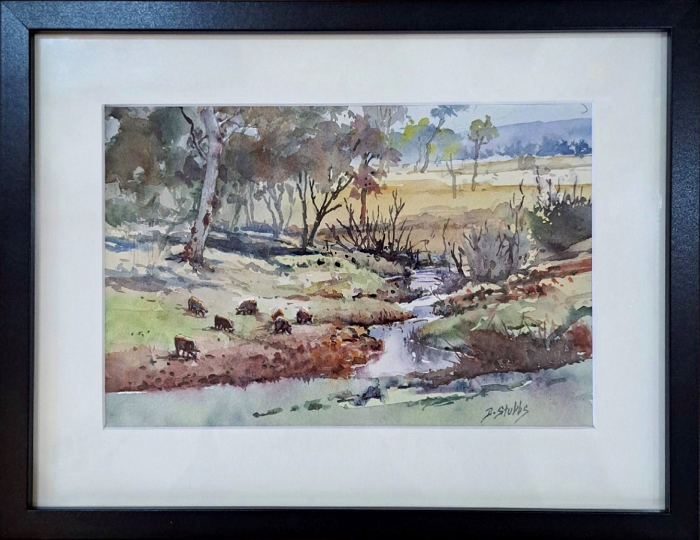 Dawn Stubbs The Lazy stream watercolour framed Australian artist Town & Country Gallery Gippsland