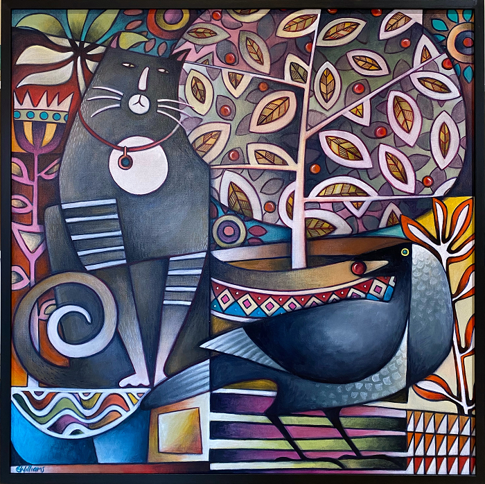 Elisabeth Williams cat, magpie The Stand Off 94x94cm framed acrylic on canvas