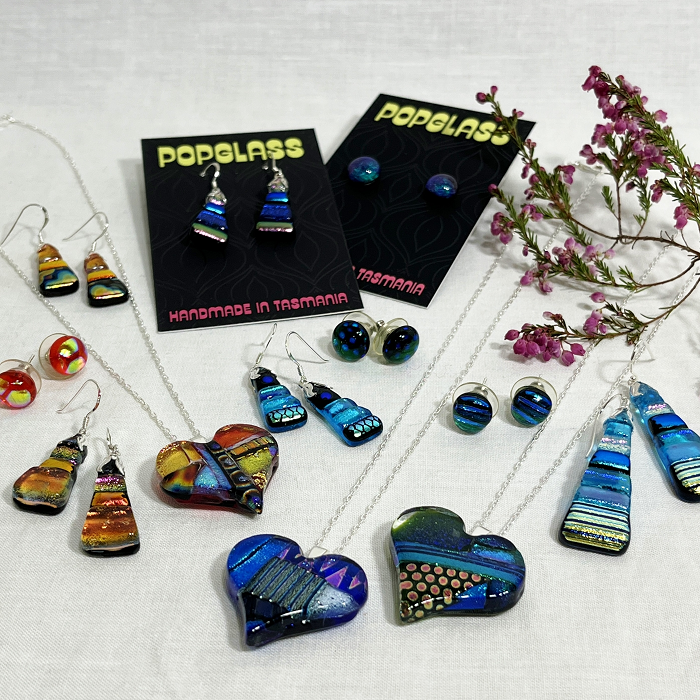 Emily Whitton feature image dichroic glass and sterling silver earrings and pendant necklaces Australian artist Town & Country Gallery Gippsland