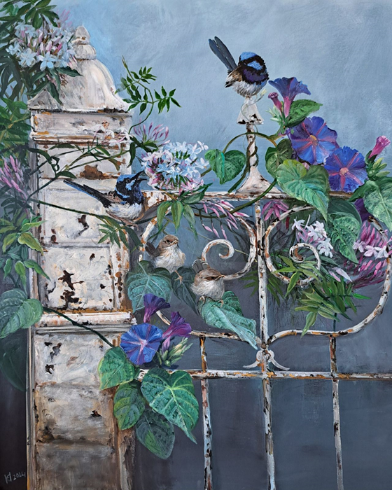 Helena Coltman Blue wrens at the gate acrylic on canvas Australian artist Town & Country Gallery Gippsland