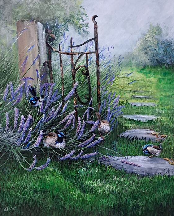 Helena Coltman Blue wrens in lavender acrylic on canvas Australian artist Town & Country Gallery Gippsland