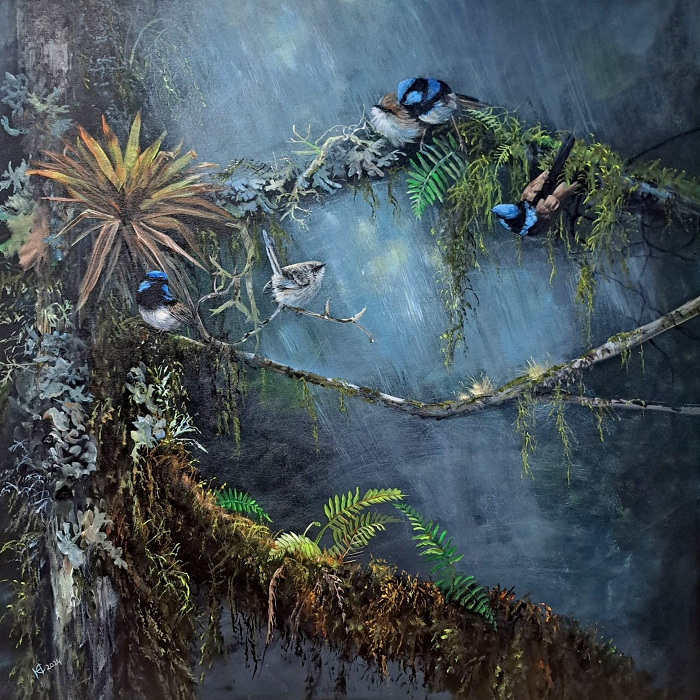 Helena Coltman Blue wrens in rainforest acrylic on canvas Australian artist Town & Country Gallery Gippsland