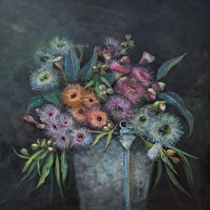 Helena Coltman Eucalypt blossom in vase Australian artist, Town & Country Gallery, Gippsland