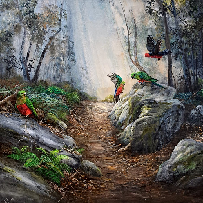 Helena Coltman King Parrots acrylic on canvas Australian landscape artist Town & Country Gallery Gippsland