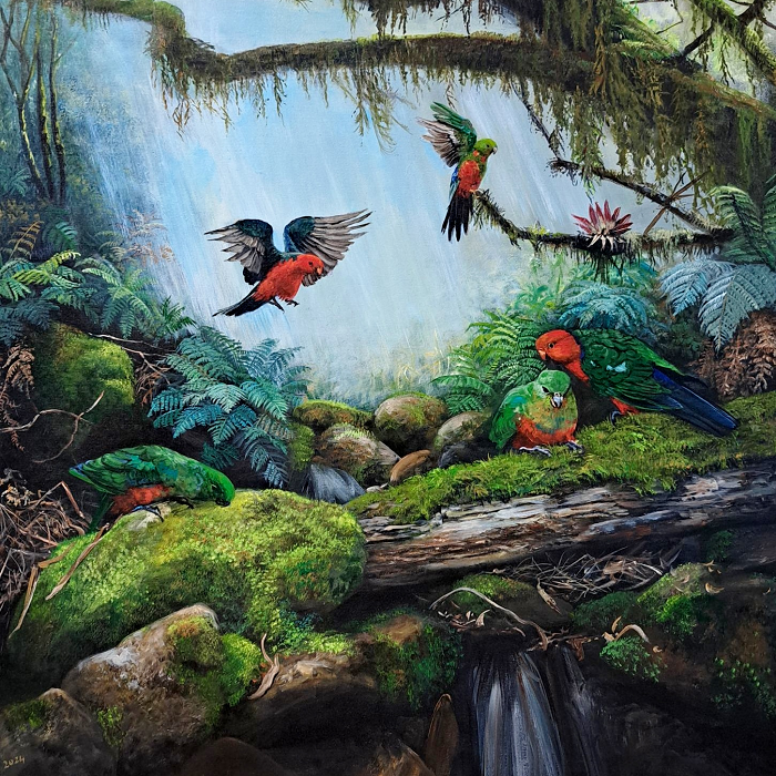 Helena Coltman King Parrots in the rainforest Australian artist Town & Country Gallery Gippsland