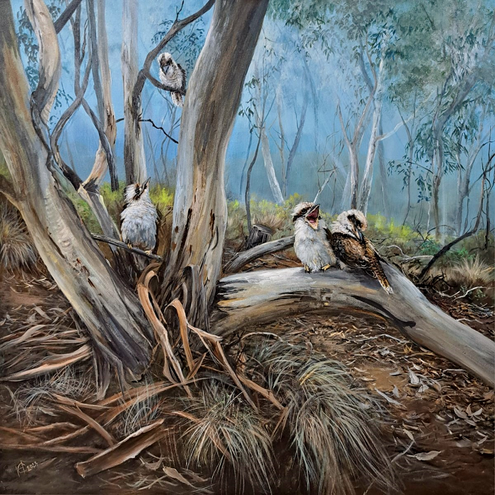 Helena Coltman Kookaburras in Gum tree Australian artist Town & Country Gallery Gippsland