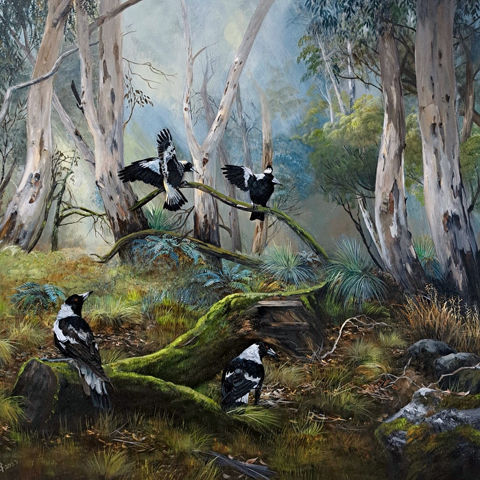 Helena Coltman Magpies in the bush Australian artist Town & Country Gallery Yarragon Gippsland