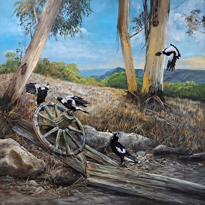 Helena Coltman Magpies on wagon wheel acrylic on canvas Australian artist Town & Country Gallery Gippsland