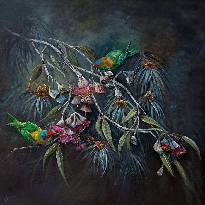 Helena Coltman Musk Lorikeets Pink flowering gum 91x91cm acrylic on stretched canvas Australian artist Town & Country Gallery Gippsland