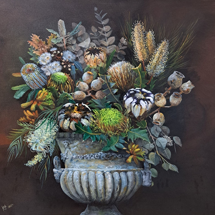Helena Coltman Native flowers in urn acrylic on canvas Australian artist Town & Country Gallery Gippsland