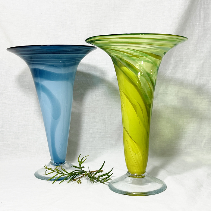James McMurtrie Glass trumpet vases blue, lime green Australian artist Town & Country Gallery Gippsland