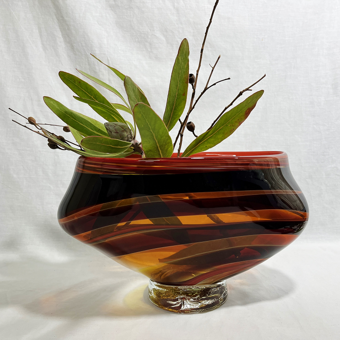 James McMurtrie Large glass vase - red amber brown handblown glass Australian artist Town & Country Gallery Gippsland