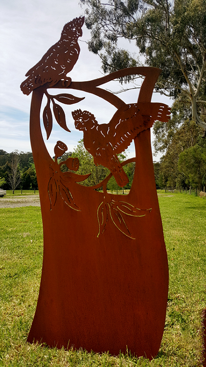 Jeff and Jeanette Hyde Togetherness - Galahs 145x66x4cm hand plasma cut corten steel and stainless steel $1450 cn163 Australian sculpture Town & Country Gallery Gippsland