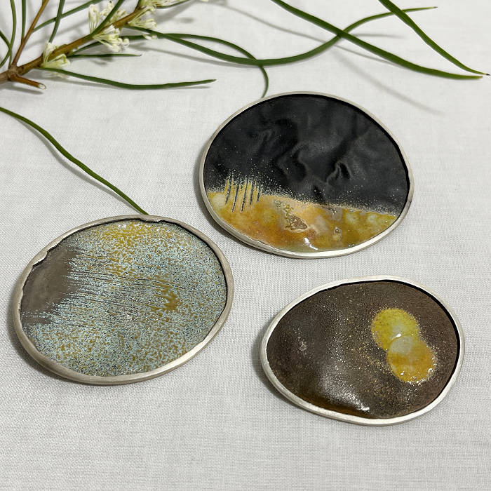 Jill Hermans Brooches recycled sterling silver, clear enamel Australian handmade jewellery Town & Country Gallery Gippsland
