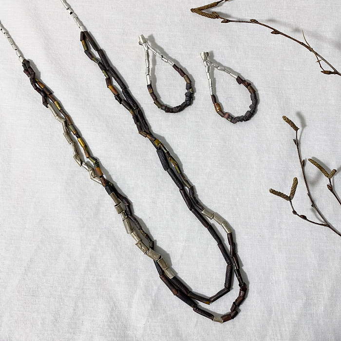Jill Hermans Hanging Shibuichi, Argentium Silver beaded hoop Earrings Shibuichi Silver Beaded Necklace