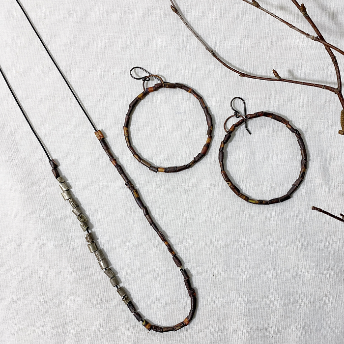 Jill Hermans Hanging Shibuichi, Argentium Silver beaded hoop Earrings Shibuichi Silver Beaded Necklace