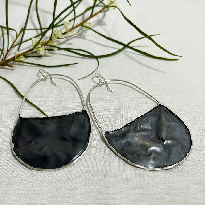 Jill Hermans Large black pocket hanging earrings Australian handmade jewellery Town & Country Gallery Gippsland