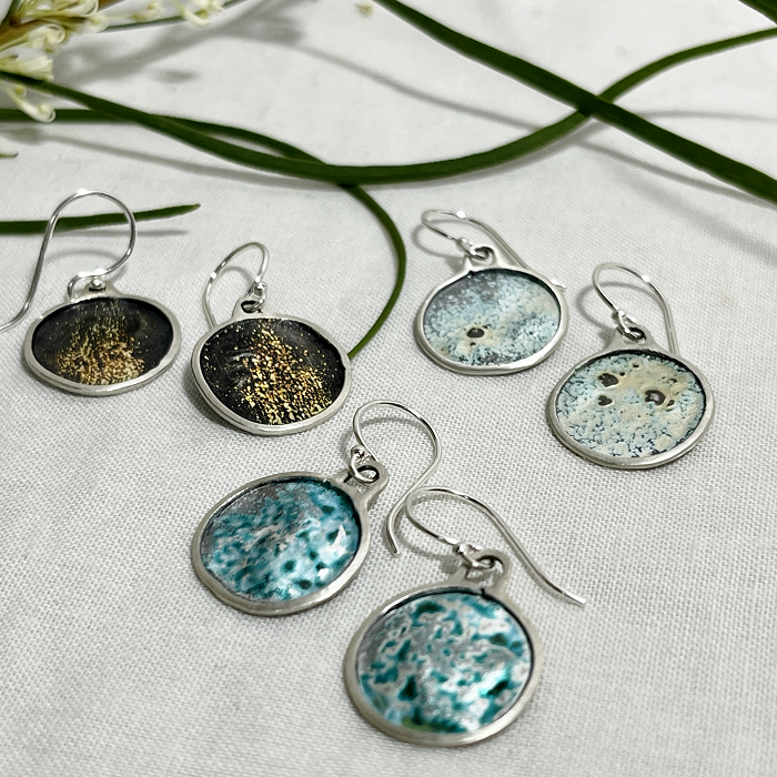 Jill Hermans Small round hanging earrings Australian handmade jewellery Town & Country Gallery Gippsland