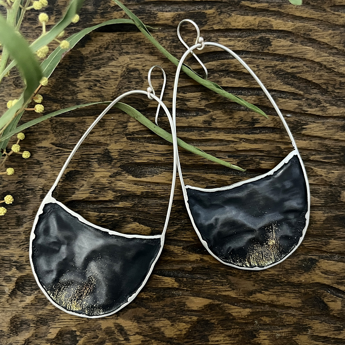 Jill Hermans recycled sterling silver and enamel earrings Australian jewellery artist Town & Country Gallery Gippsland
