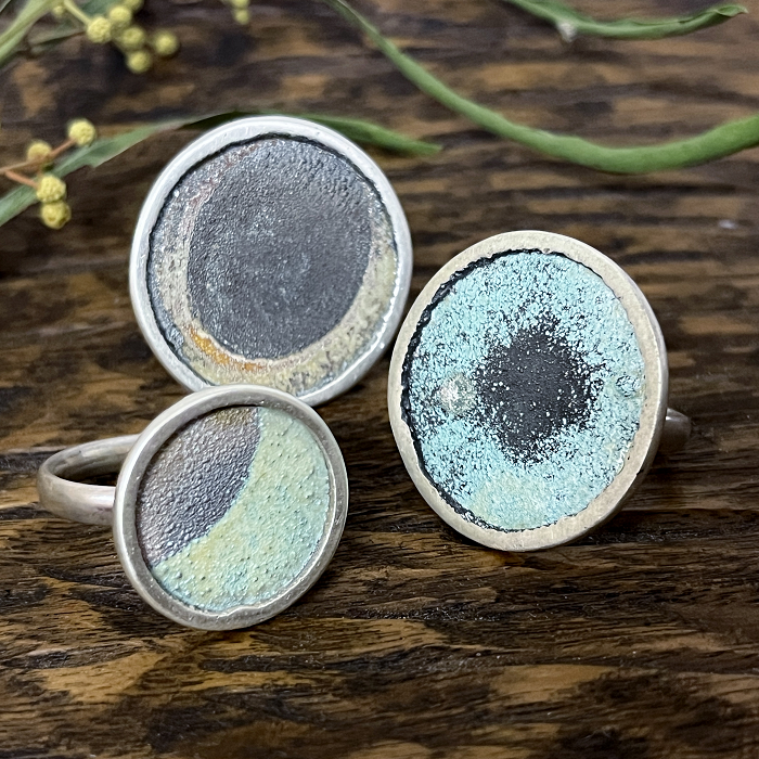 Jill Hermans recycled sterling silver and enamel rings Australian jewellery artist Town & Country Gallery Gippsland