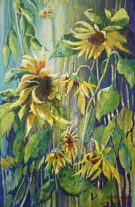 Julie Goldspink Sunny Days sunflowers acrylic on stretched canvas 76x51.5cm Town & Country Gallery Gippsland