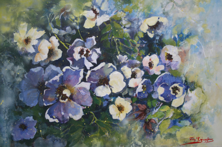 Julie Goldspink Wild Roses acrylic on stretched canvas 51.5x76cm Australian artist Town & Country Gallery Gippsland