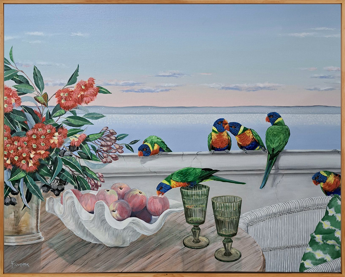 Laurel Foenander Drinks on the balcony - Rainbow Lorikeets Australian artist Town & Country Gallery Gippsland