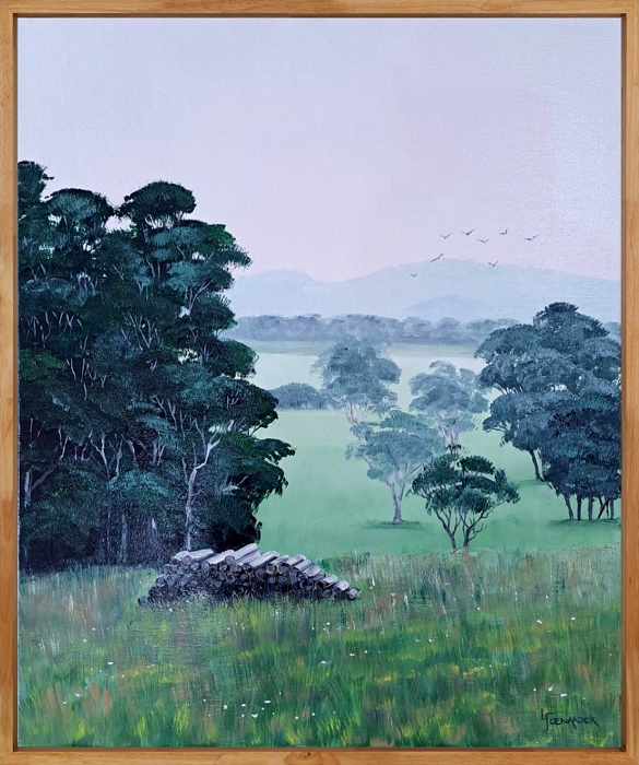 Laurel Foenander Winter wood stack all oil on linen with oak frame Australian artist Town & Country Gallery Gippsland