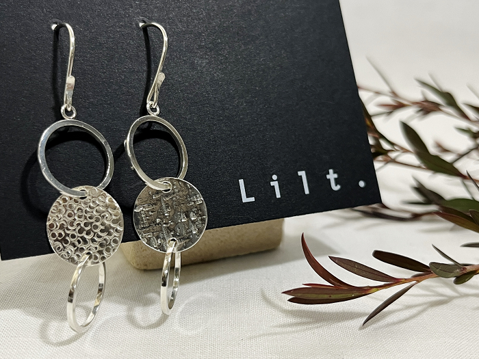 Lilt jewellery sterling silver circles with centre hand stamped texture hook earrings