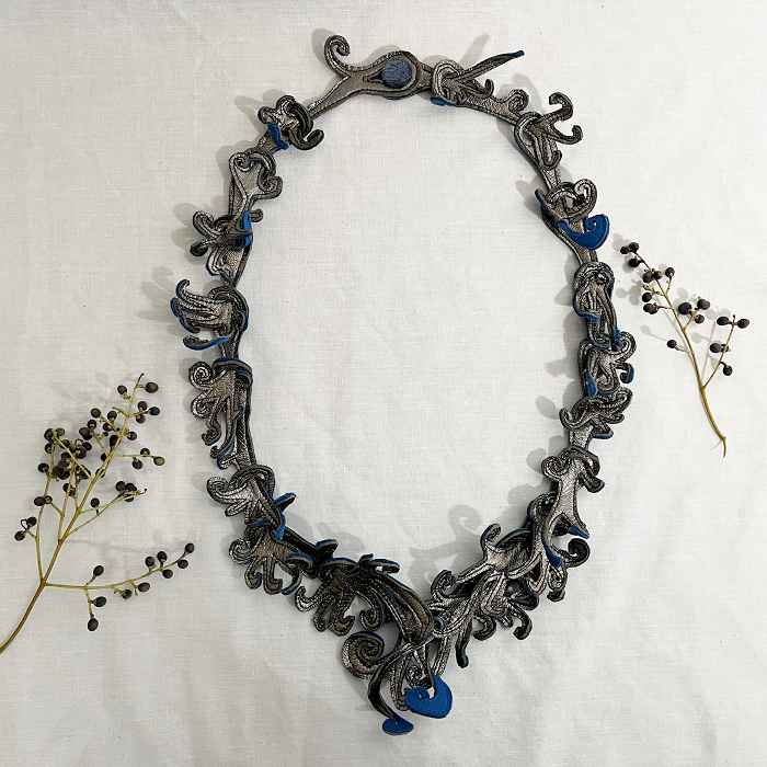 Lorraine Evans Leather necklace Australian Textile artist, Town & Country Gallery, Gippsland