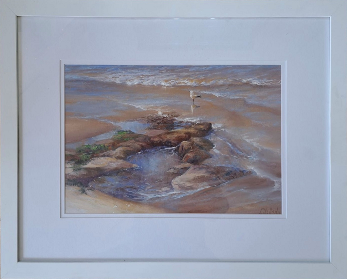 Lyn Mellady Sandy Rockpool low tide pastel artwork 27x38.5cm frame 50x62cm Australian artist Town & Country Gallery Gippsland