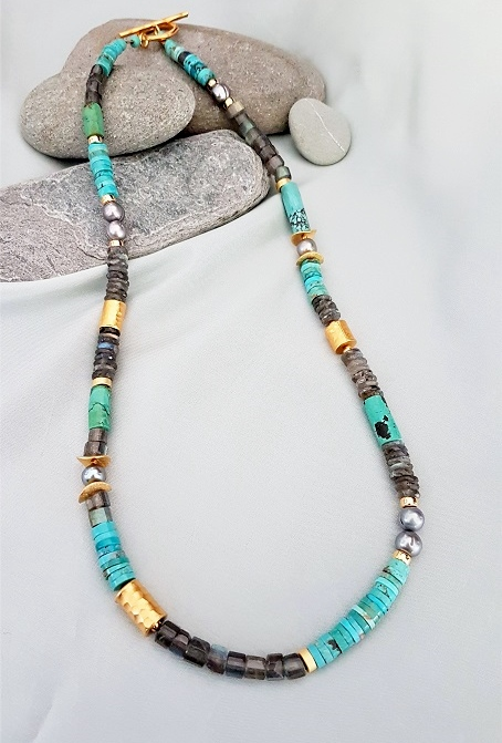 Lynn Walsh Natural Labradorite & Turquoise heishis with Freshwater pearls Gippsland Town & Country Gallery Yarragon Australian Jewellery Artist