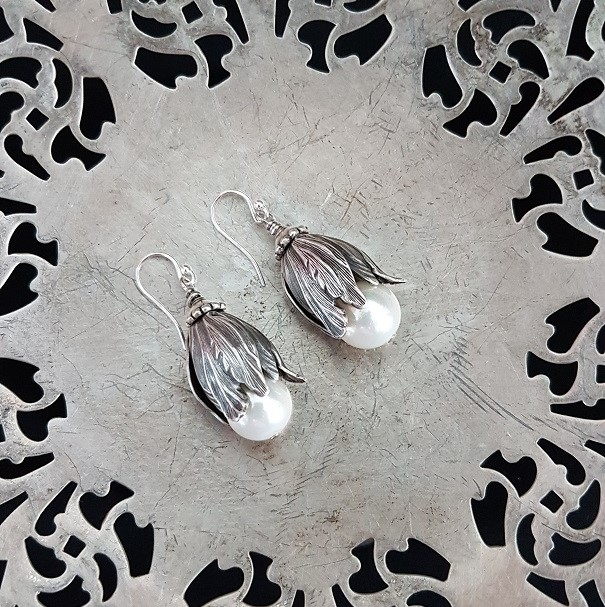 Lynn Walsh Pewter Pearl shell St. Silver hooks Earrings Gippsland, Australian Jewellery Artist, Town & Country Gallery