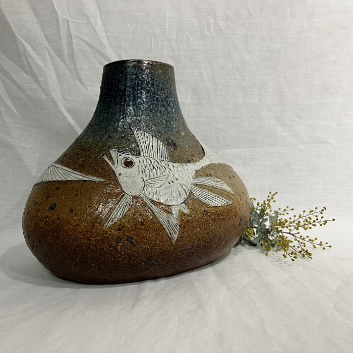 Malcolm Boyd Fish vase hand-built stoneware slip inlay pottery Australian ceramics artist Town & Country Gallery Gippsland