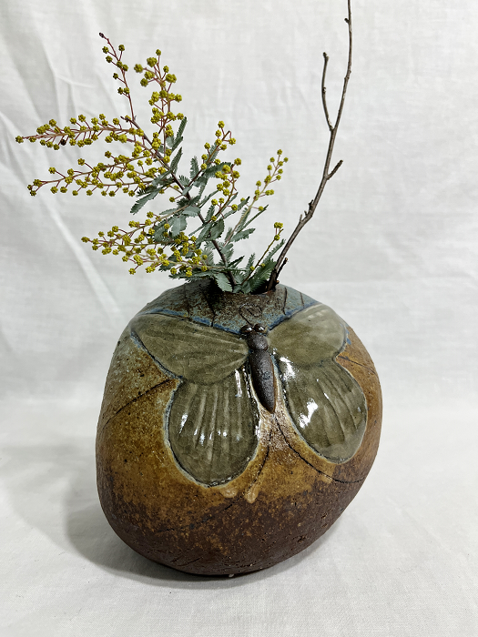 Malcolm Boyd Rock vase - butterfly hand-built stoneware glaze inlay pottery Australian ceramics artist Town & Country Gallery Gippsland