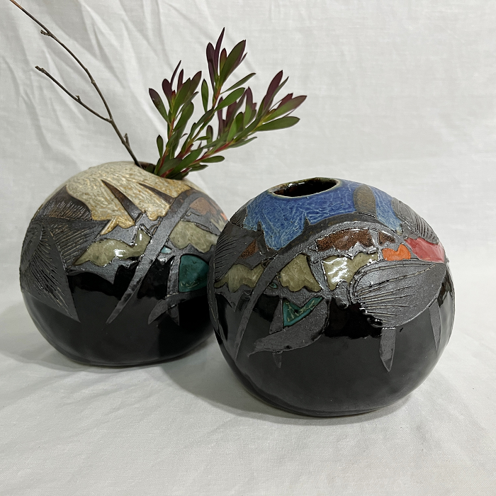 Malcolm Boyd Rock vase - rose hand-built stoneware glaze inlay pottery Australian ceramics artist Town & Country Gallery Gippsland