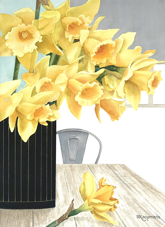 Margaret Koopmans Daffodils in a black vase Australian Artist Town & Country Gallery Yarragon Gippsland