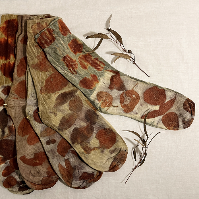 Marion Matthews eco-dyed gumleaf wool socks Australian textile artist Town & Country Gallery Gippsland