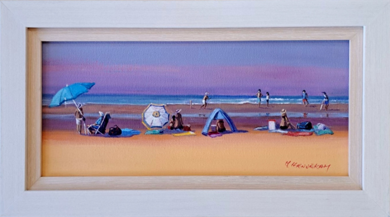 Mary Hennekam A serious game - at the beach oil on board framed Australian artist Town & Country Gallery Gippsland