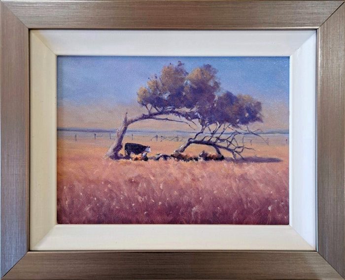 Mary Hennekam Out of the midday sun oil on board framed 30x37cm $320 cn20 Australian artist Town & Country Gallery Gippsland